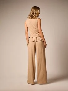 AiiRZ Textured Peplum Sleeveless Top And Wide Leg Trouser Co-Ord Set Summer Two-Piece Matching Outfit - Khaki - View 3
