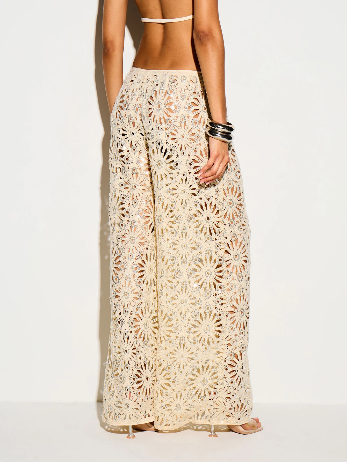 Sequin Crochet Wide Leg Trousers With Floral Cutout