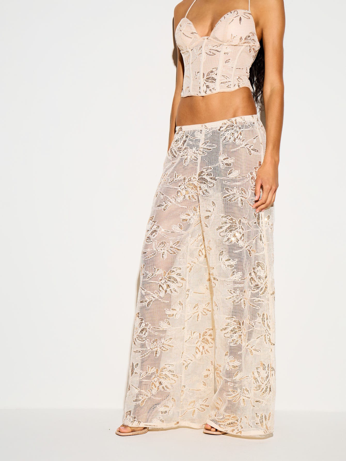 Sequin Floral Crochet Wide Leg Trousers