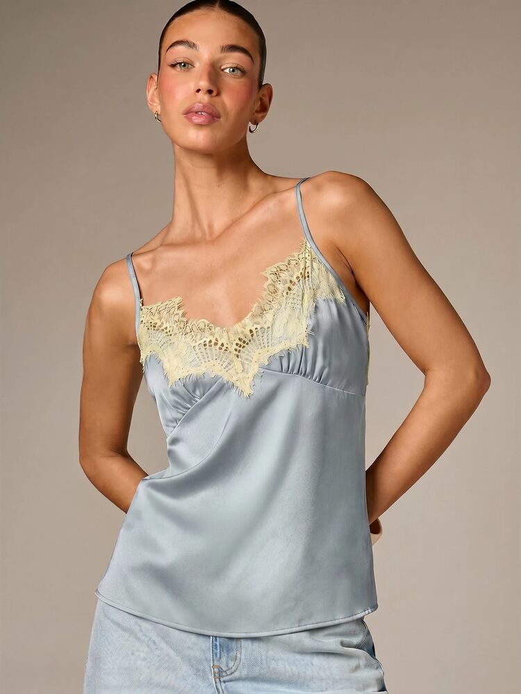 Satin Cami With Lace Trim V-Neck