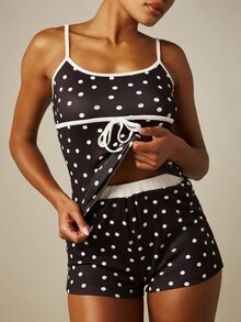 MISSGUIDED Polka Dot Cami And Shorts Lounge Set Two-Piece Matching Pajama Set Spaghetti Strap Scoop Neck Sleepwear Summer - Black and White - View 3