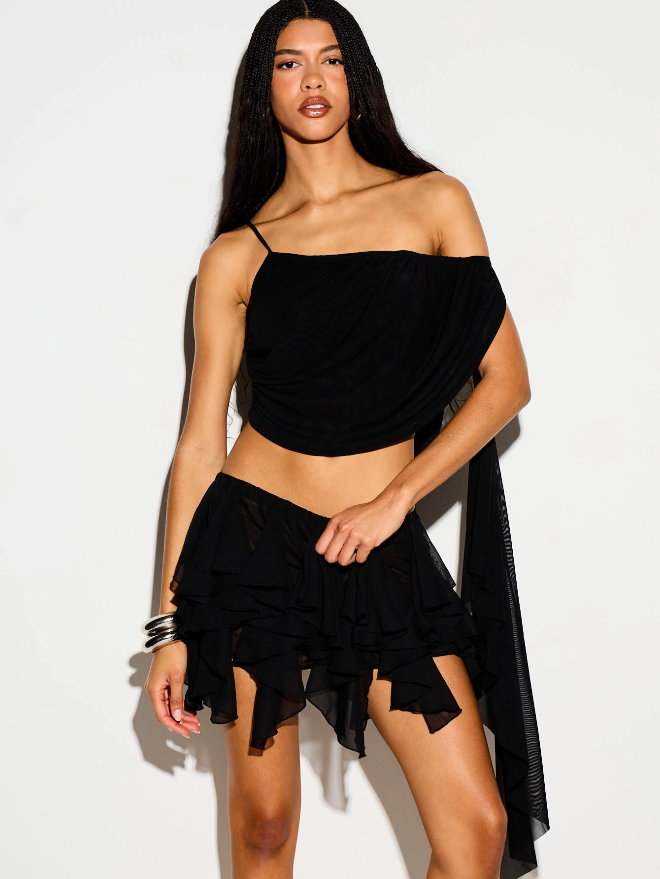Tiered Ruffle Chiffon Mini Short With Asymmetric Hem