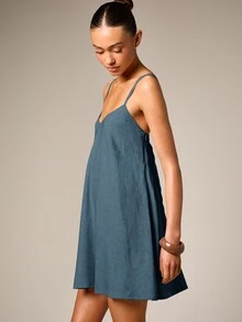 AiiRZ Strappy A-Line Linen Mini Dress With V-Neck Low Open Back And Adjustable Spaghetti Straps Summer Vacation - Dusty Blue - View 5