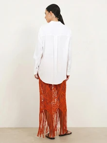 KSTM Sheer Lace Fringe Maxi Skirt With Floral Embroidery Boho Festival Beach Cover-Up - Red - View 2