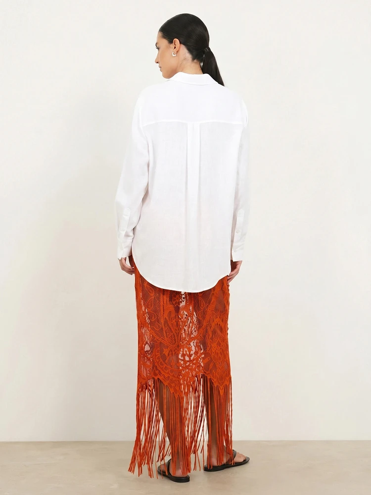 KSTM Sheer Lace Fringe Maxi Skirt With Floral Embroidery Boho Festival Beach Cover-Up