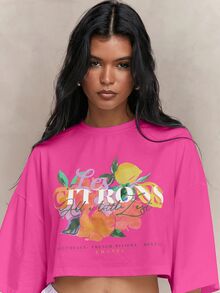 MISSGUIDED Kaos Crop Oversized dengan Motif Bunga Jeruk French Riviera dan Leher Bulat Lengan Pendek, Atasan Musim Panas - Hot Pink - View 3
