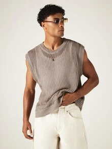 SUMWON Oversized Crochet Knit Sweater Vest Crew Neck Sleeveless Open Weave Summer Layering Top - Apricot - View 3