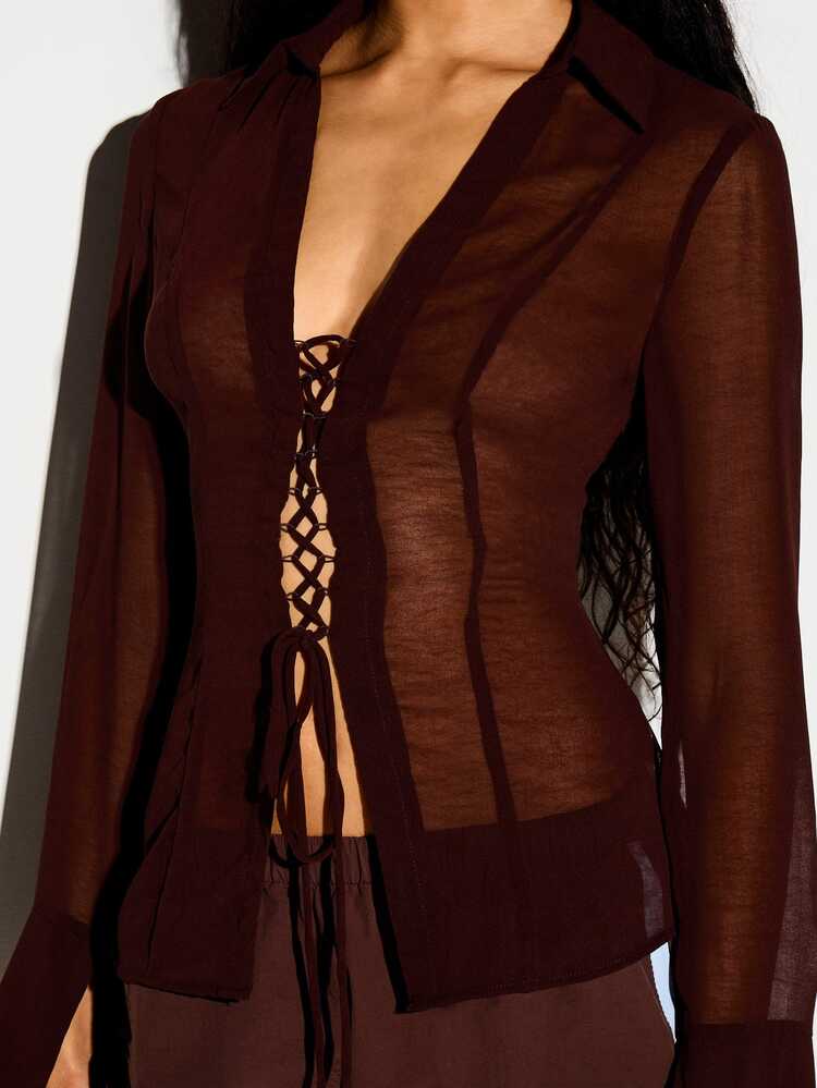 Sheer Lace-Up Blouse With Bell Sleeves