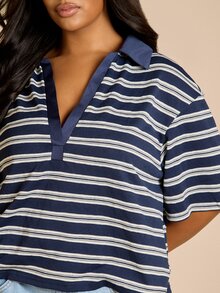 FASHION SZN Plus Size Knitted Stripe Casual Short Sleeve Rugby Top Trending Stripes Over Sized Loose Fit Wear To Work Every Day Essentials Streetwear Y2K - Black and White - View 4