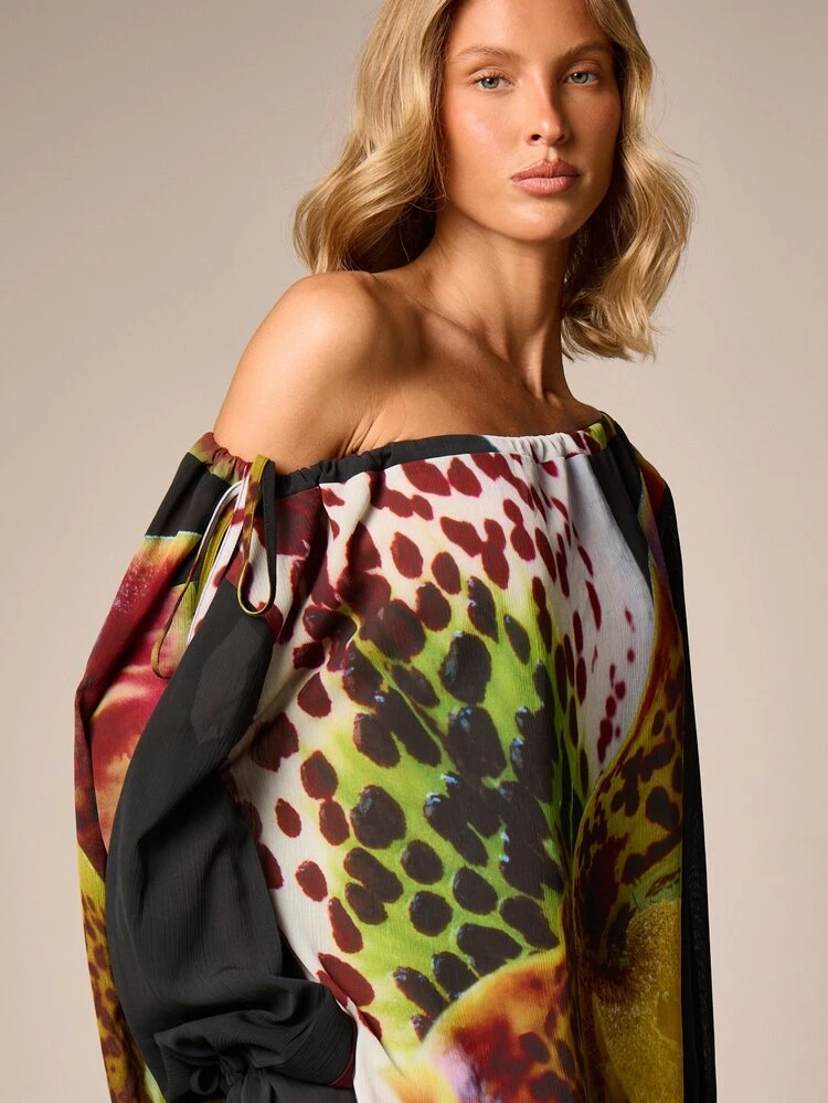 Off-Shoulder Floral Print Mini Dress With Puff Sleeves