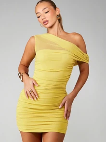 MISSGUIDED Asymmetric One Shoulder Mesh Overlay Ruched Mini Dress Party Club Night Out Summer Yellow Sexy - Pale Yellow - View 5