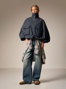 AiiRZ Oversized Half-Zip Track Top Jacket With Bellow Cargo Pockets And Balloon Sleeves Fall Layer - Navy Blue - View 3