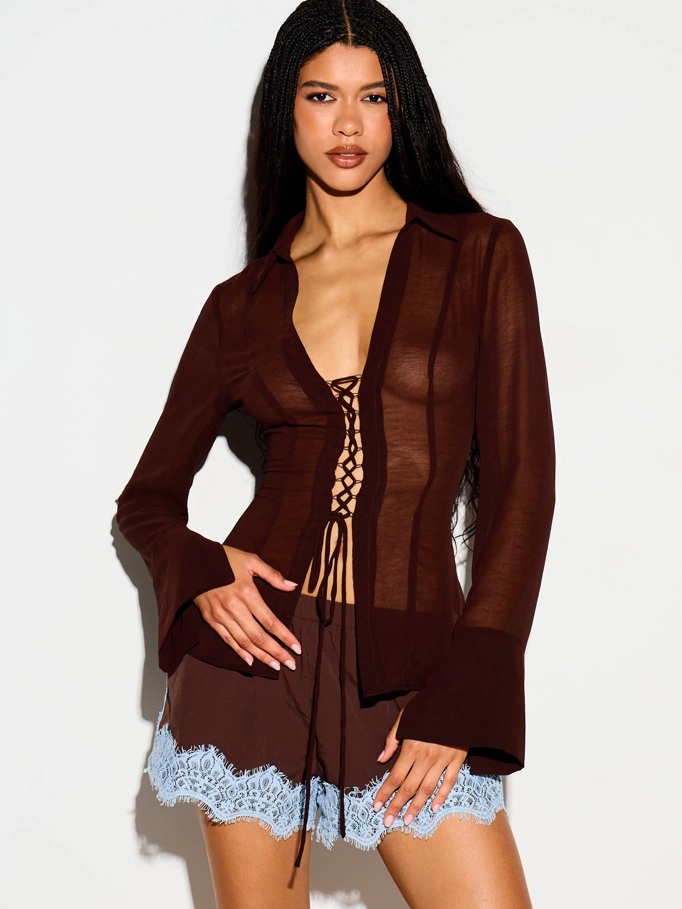 Sheer Lace-Up Blouse With Bell Sleeves