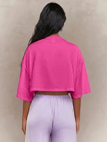 MISSGUIDED Kaos Crop Oversized dengan Motif Bunga Jeruk French Riviera dan Leher Bulat Lengan Pendek, Atasan Musim Panas - Hot Pink - View 2