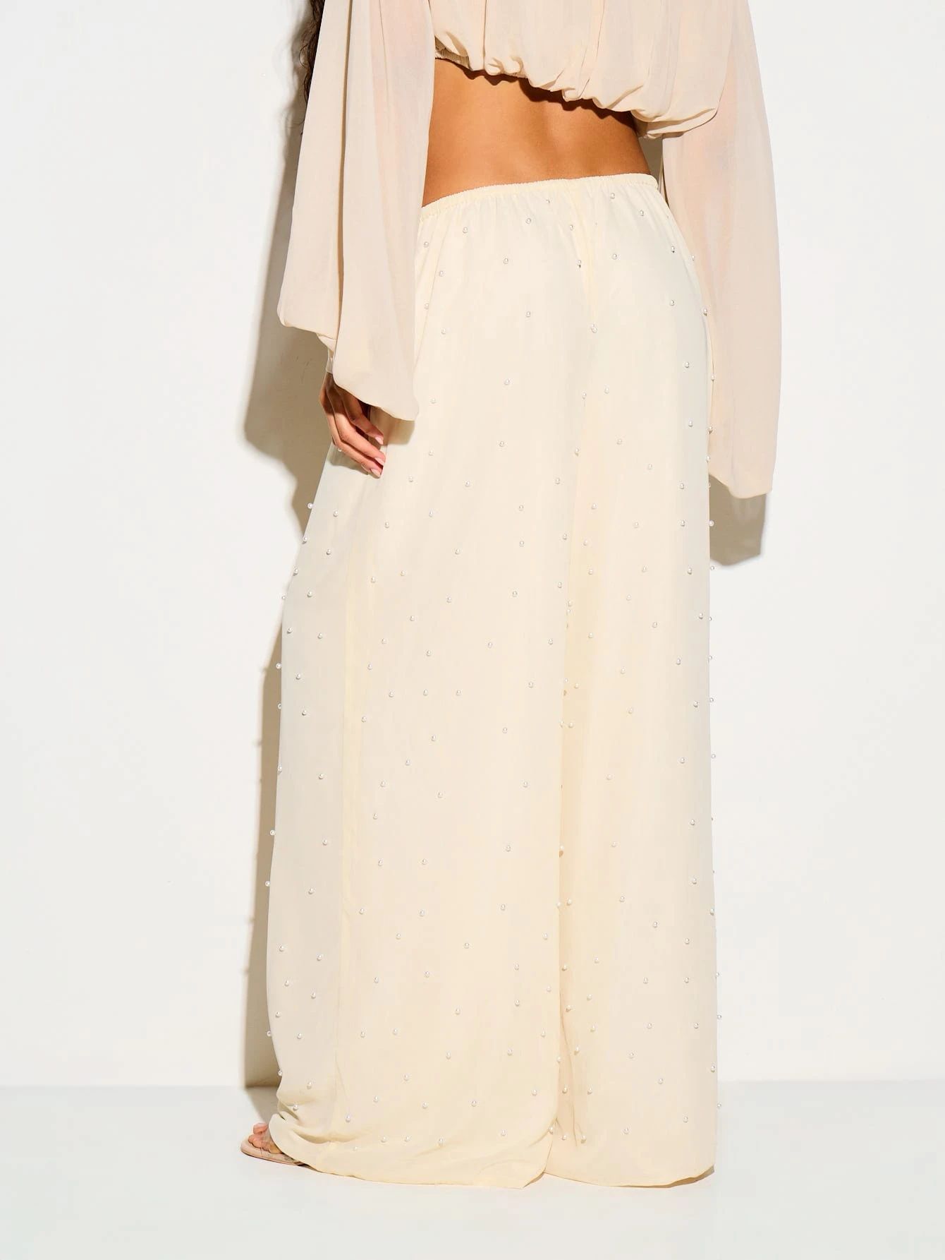 Pearl Embellished Chiffon Wide Leg Trousers With Drawstring Waist