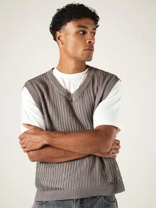 SUMWON Oversized Crochet V-Neck Sweater Vest Sleeveless Open Knit Tank Layering Piece Spring Summer - Grey - View 4