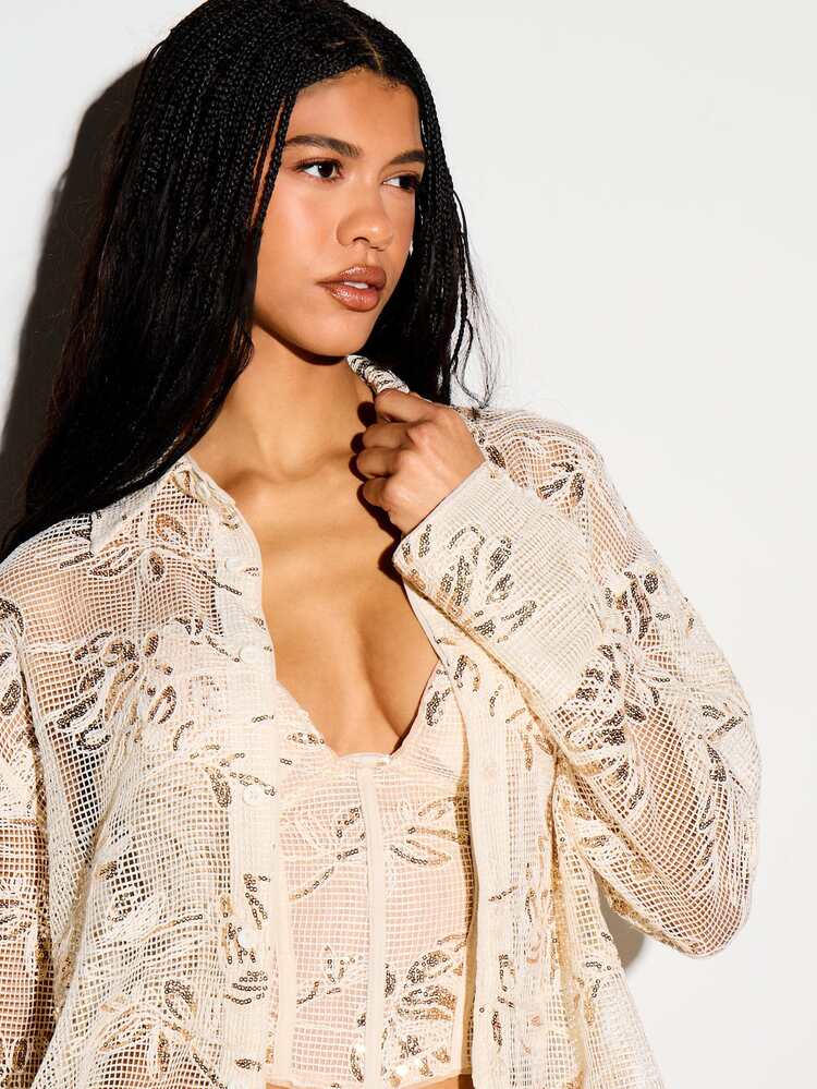 Sequin Floral Crochet Oversized Button-Up Shirt