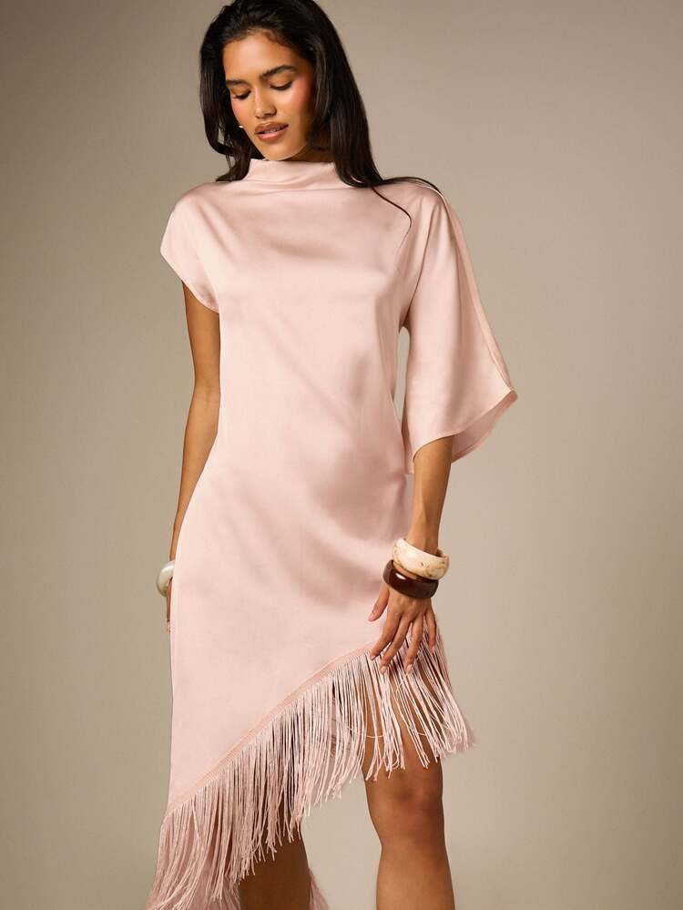 Asymmetric Fringe Hem Satin Mock Neck Dress