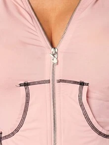 Missguided x Playboy 兩件式對比縫線拉鍊短版連帽衫與翹臀短褲套裝 - 粉色 - 查看 5