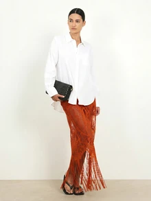 KSTM Sheer Lace Fringe Maxi Skirt With Floral Embroidery Boho Festival Beach Cover-Up - Red - View 4