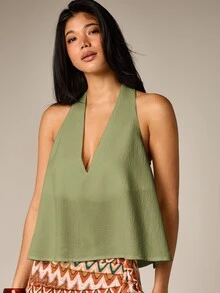 AiiRZ Blus Kasual Chic untuk Liburan Musim Panas dengan Leher V Dalam dan Model Halter Racerback - Hijau - View 5