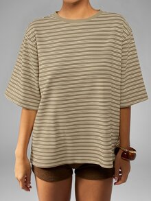 MISSGUIDED Camiseta de rayas acanaladas de talla grande con cuello redondo, hombros caídos y manga corta, ajuste relajado casual, top de verano - Caqui - Ver 6