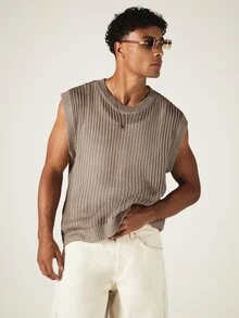SUMWON Oversized Crochet Knit Sweater Vest Crew Neck Sleeveless Open Weave Summer Layering Top - Apricot - View 1