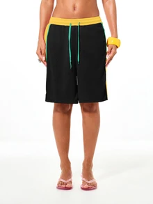 SUMWON WOMEN Contrast Side Panel Bermuda Shorts With Color Block Design, Drawstring Waist, And Logo Graphic Detail - Black - View 2