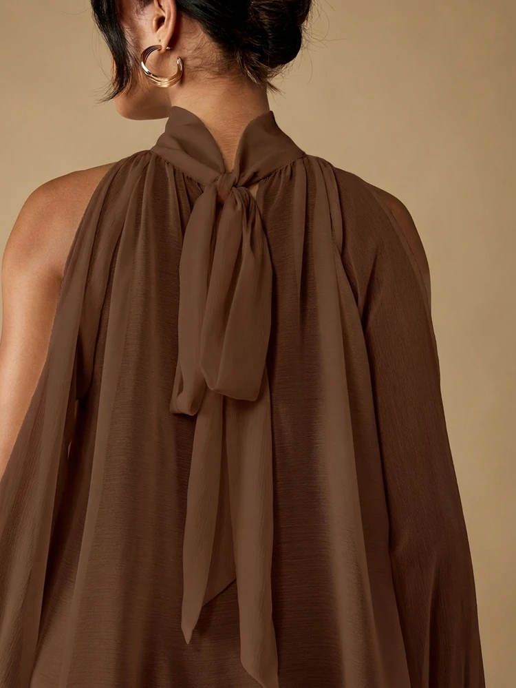 MISSGUIDED Halter Neck Chiffon Blouse Sheer Flowy Open Back Tie Closure Ruffle Hem Sleeveless Top