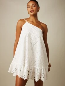 MISSGUIDED Eyelet Embroidered One-Shoulder Mini Dress With Ruffle Hem And Scalloped Edge Summer Beach - White - View 1