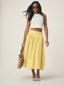 MISSGUIDED Gingham Check Midi Skirt With High Waist Shaped Waistband And Full Volume Pleated A-Line Silhouette Summer Swing Skirt - Yellow - View 2