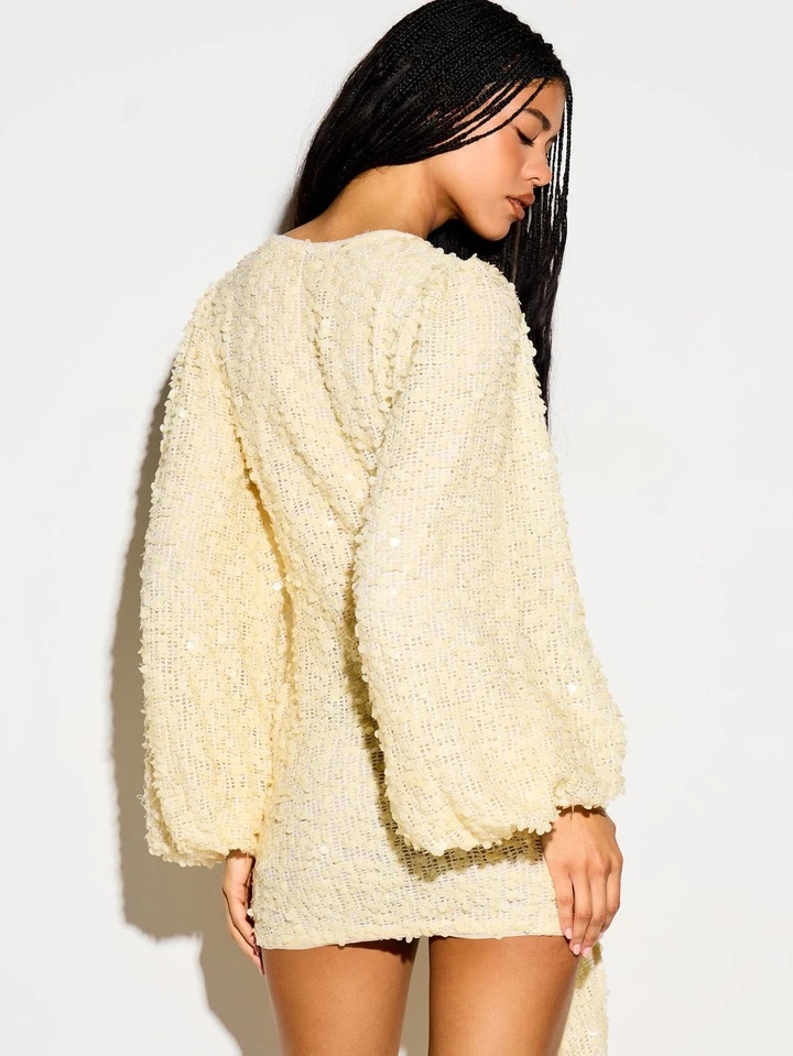 balloon sleeve sequin mini dress Women's Sequin Keyhole Balloon Sleeve Mini Dress