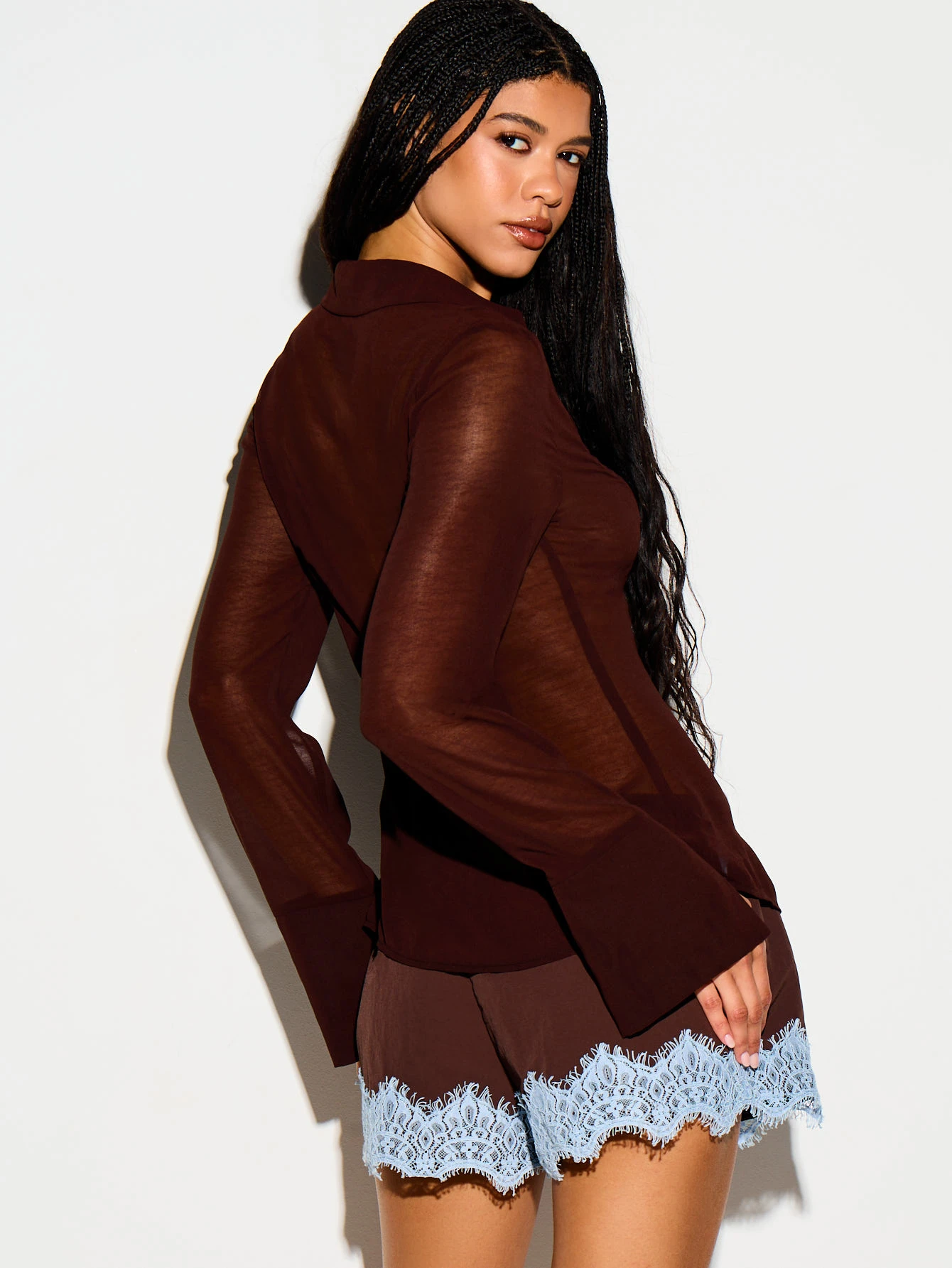 Sheer Lace-Up Blouse With Bell Sleeves
