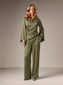 AiiRZ Asymmetric Peplum Satin Blouse With Cowl Neck Flared Bell Sleeves And Lace Hem Detail - Army Green - View 3