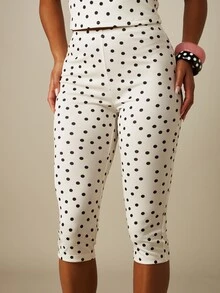 MISSGUIDED Celana Legging Capri Polkadot Pinggang Tinggi Pas Badan Model Pendek Gaya Retro Kasual Musim Panas - Hitam dan Putih - View 4
