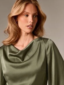 AiiRZ Asymmetric Peplum Satin Blouse With Cowl Neck Flared Bell Sleeves And Lace Hem Detail - Army Green - View 5