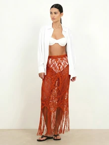 KSTM Sheer Lace Fringe Maxi Skirt With Floral Embroidery Boho Festival Beach Cover-Up - Red - View 7