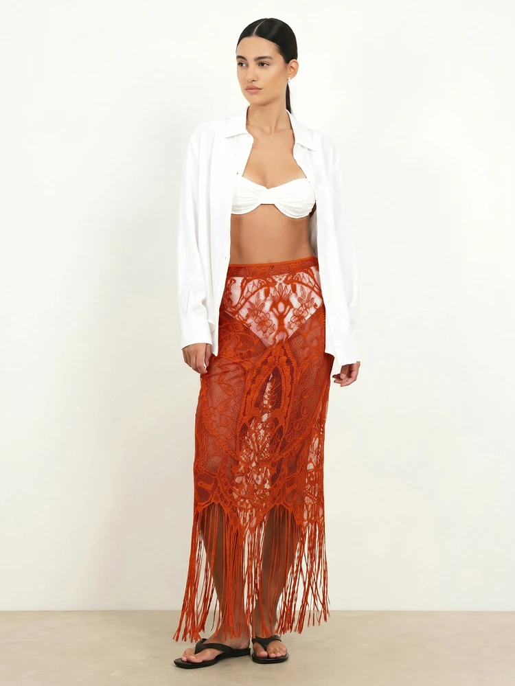 KSTM Sheer Lace Fringe Maxi Skirt With Floral Embroidery Boho Festival Beach Cover-Up