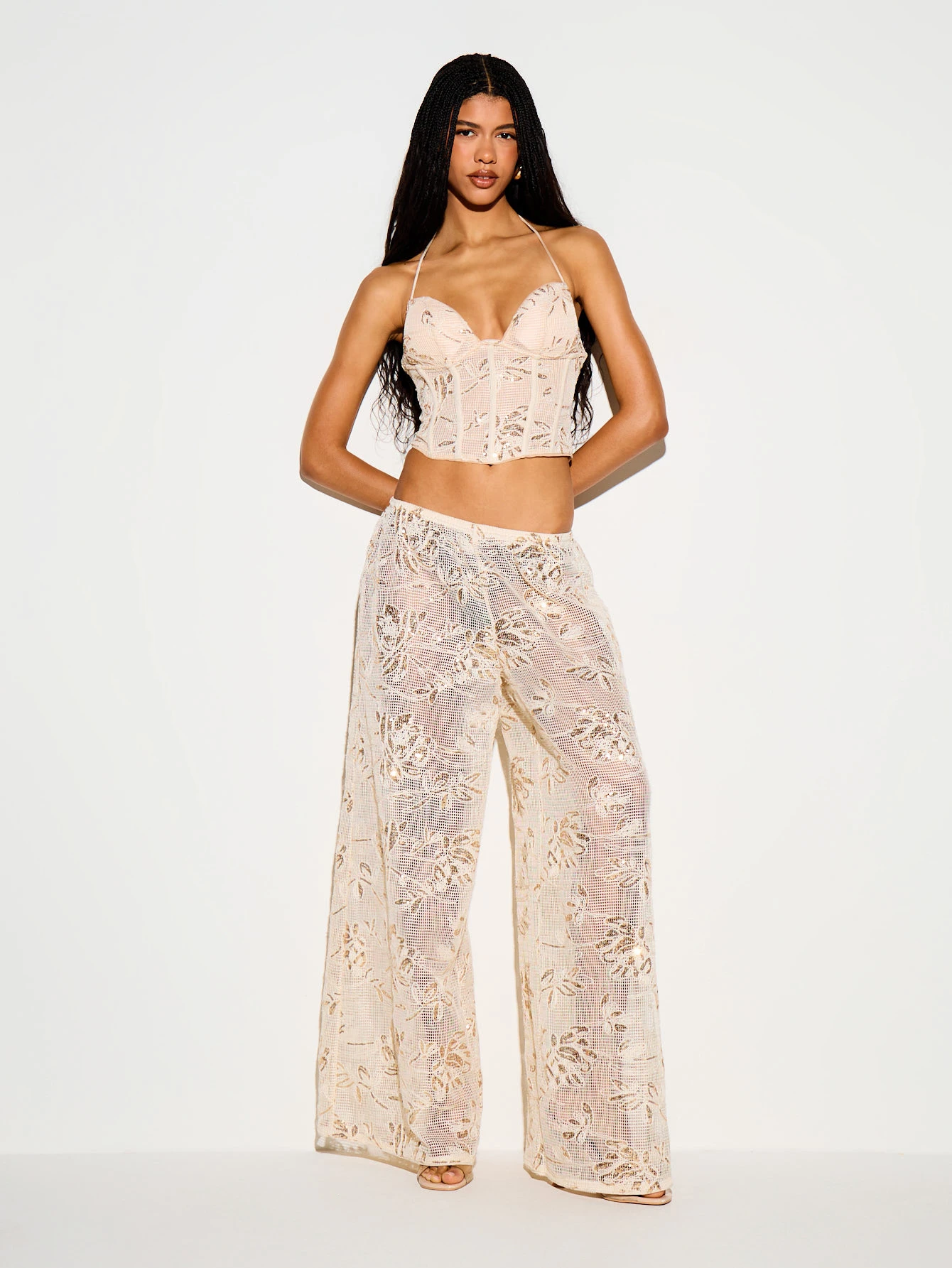 Sequin Floral Crochet Wide Leg Trousers