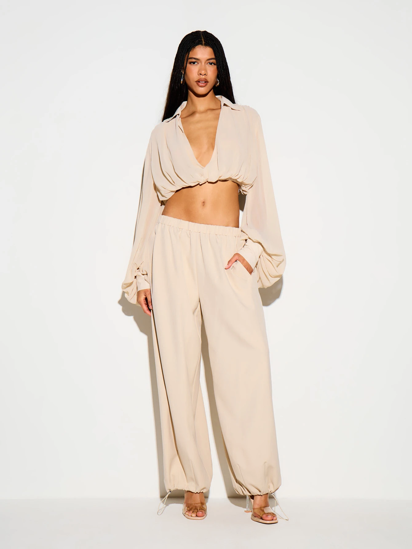 Wrap Front Crop Blouse With Balloon Sleeves