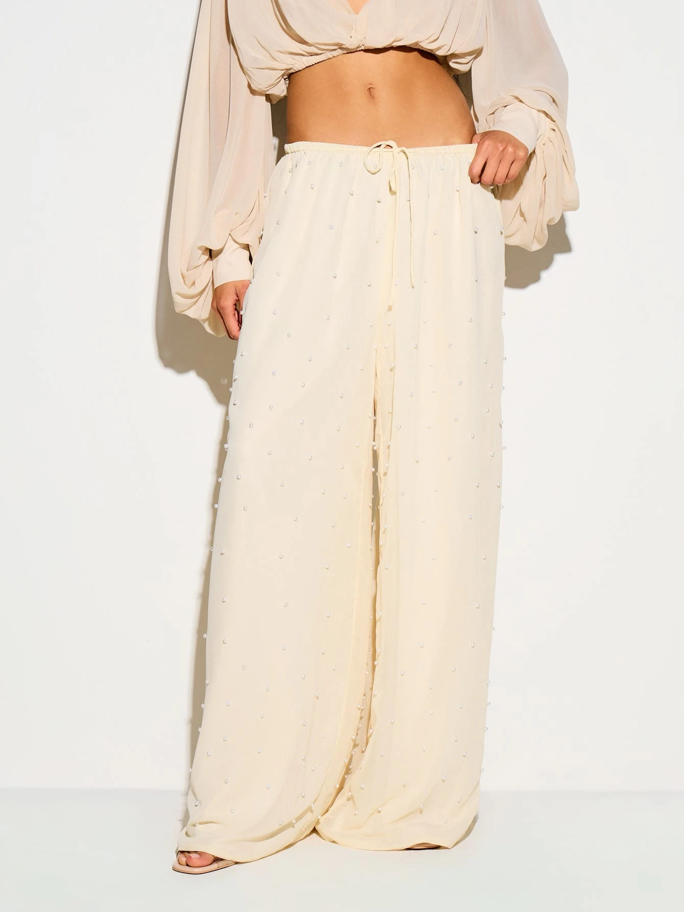 Pearl Embellished Chiffon Wide Leg Trousers With Drawstring Waist