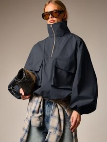 AiiRZ Oversized Half-Zip Track Top Jacket With Bellow Cargo Pockets And Balloon Sleeves Fall Layer - Navy Blue - View 1