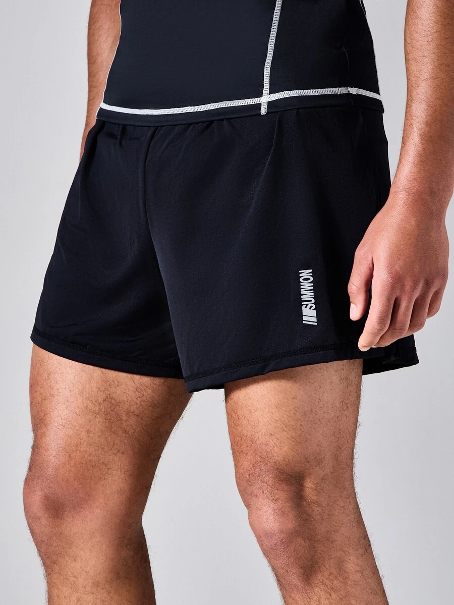 SUMWON Active Lab Running Shorts With Logo Print, Lightweight Athletic Fit, Mid-Thigh Length, Summer Training - Black - View 1