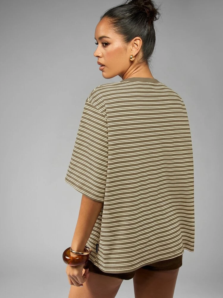 MISSGUIDED Striped Oversized Ribbed T-Shirt Round Neck Drop Shoulder Half Sleeve Casual Relaxed Fit Summer Top