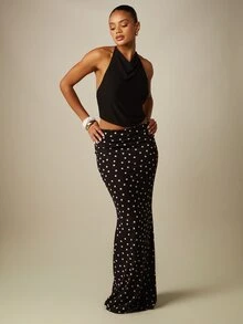 MISSGUIDED Halter Neck Cowl Crop Top And Polka Dot Maxi Skirt Co-Ord Set Party Night Out Two Piece Outfit - Black and White - View 1