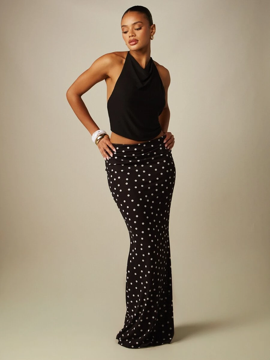 MISSGUIDED Halter Neck Cowl Crop Top And Polka Dot Maxi Skirt Co-Ord Set Party Night Out Two Piece Outfit - Black and White - View 1