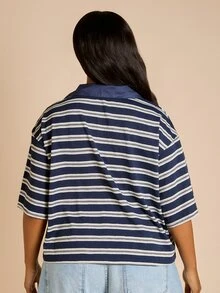FASHION SZN Plus Size Knitted Stripe Casual Short Sleeve Rugby Top Trending Stripes Over Sized Loose Fit Wear To Work Every Day Essentials Streetwear Y2K - Black and White - View 2