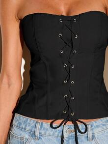 KIZN Strapless Lace-Up Corset Top With Boning Detail And Front Eyelet Closure For Night Out - Black - View 2