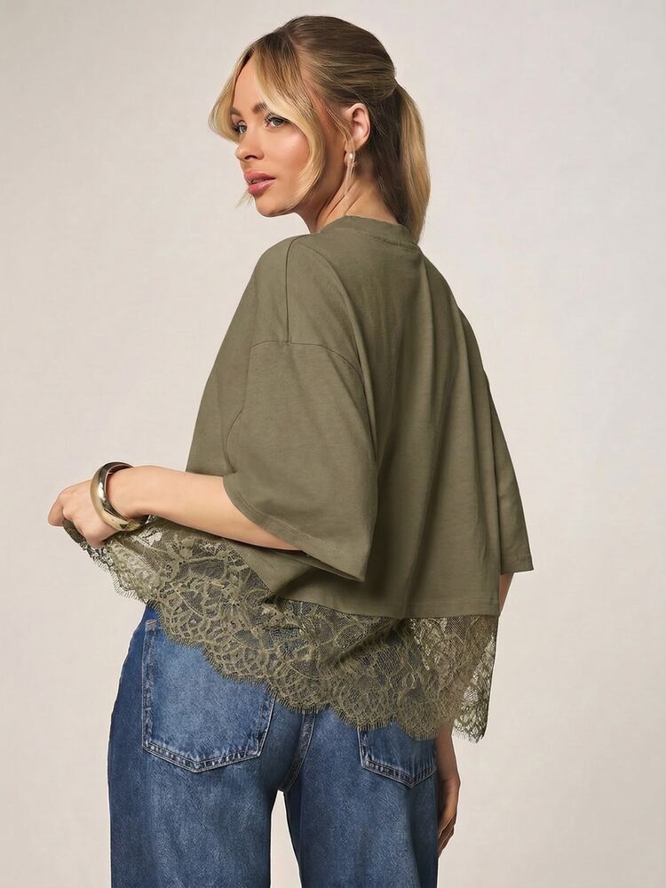 MISSGUIDED Oversized Lace Trim Box T-Shirt Boxy Fit Half Sleeve Floral Lace Hem Top Casual Chic Spring Summer