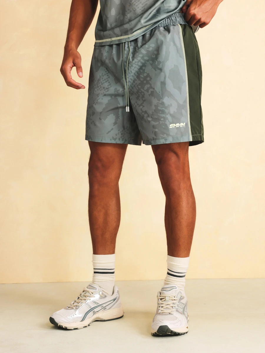 SUMWON Camo Printed Color Block Swim Shorts With Side Panel And Drawstring Waist For Summer Beach - Green - View 1